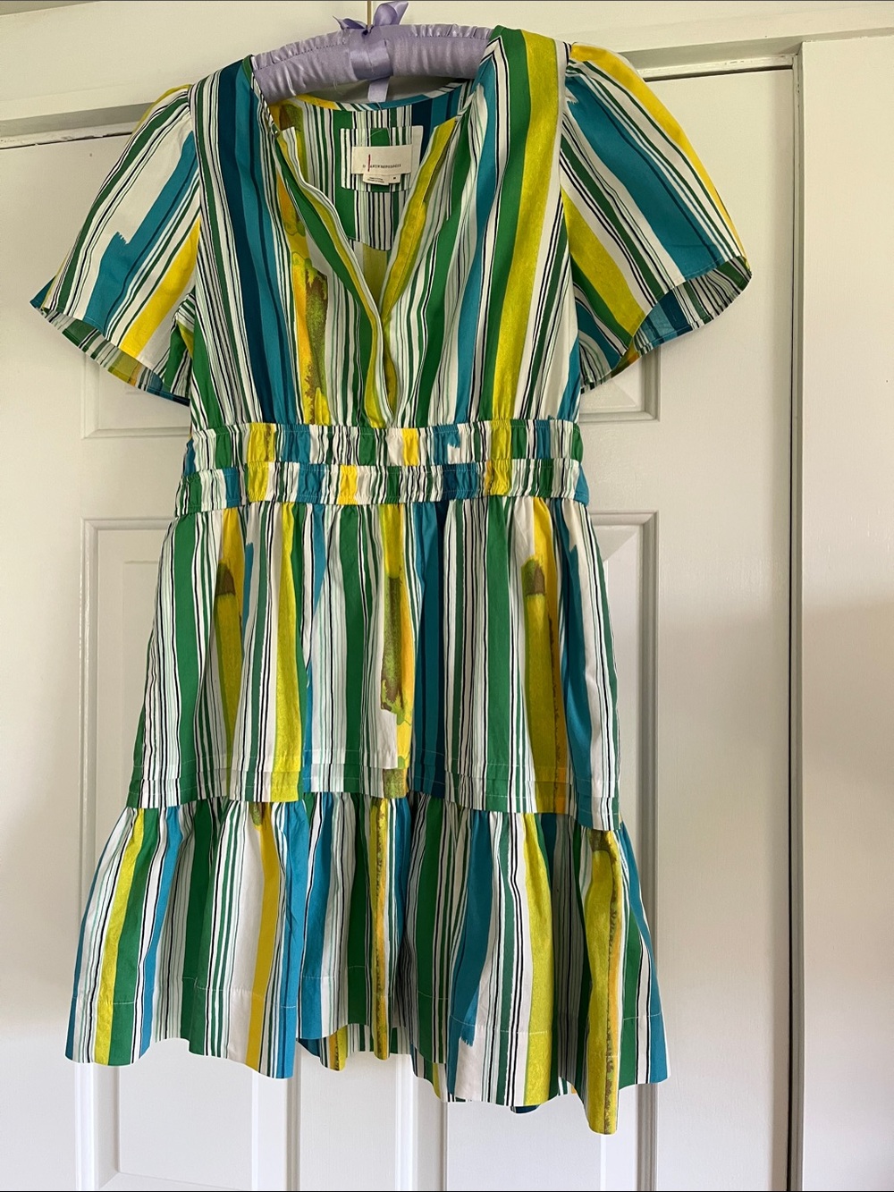 Anthropologie Striped V-Neck Mini Dress - Teal/Green/Yellow/White